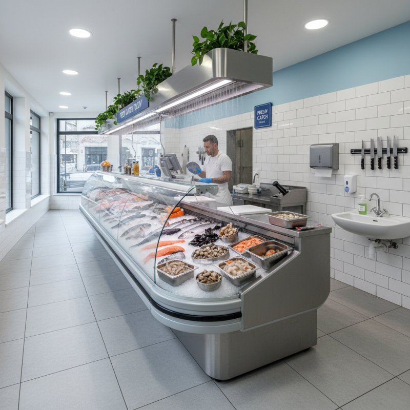Intérieur d'une poissonnerie moderne et propre, couverte par une assurance multirisque professionnelle.