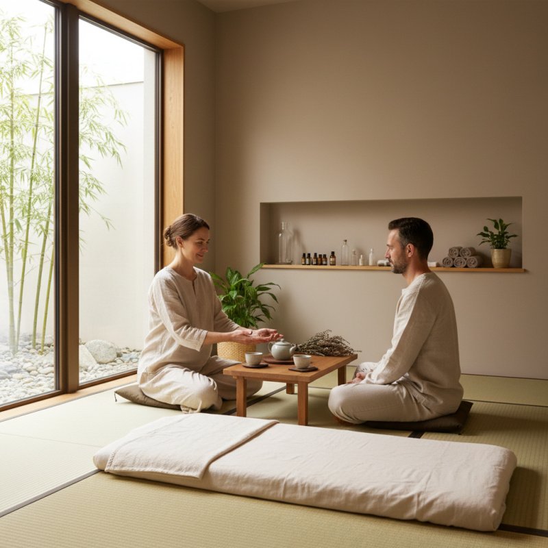 Praticien shiatsu discutant des options de bien-être avec un client.