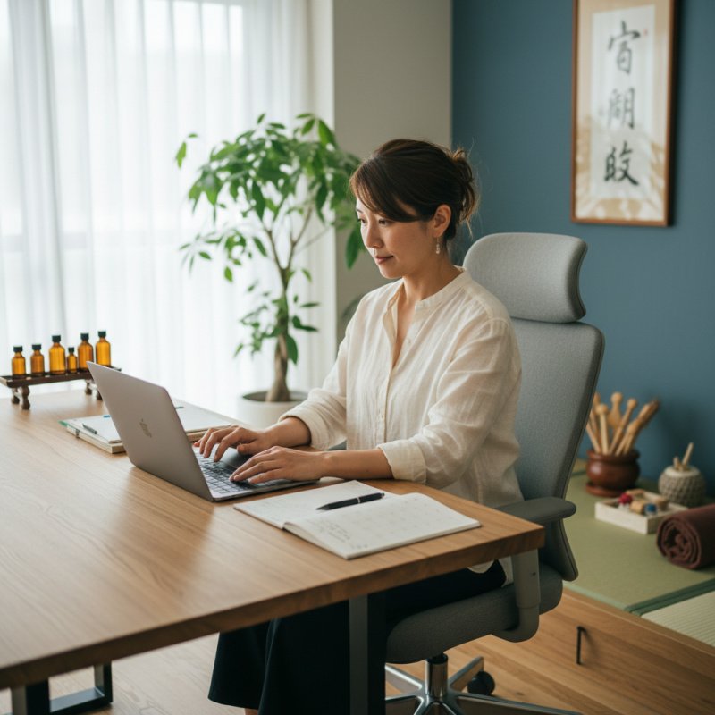 Praticien shiatsu indépendant gérant ses contrats d'assurance en ligne.