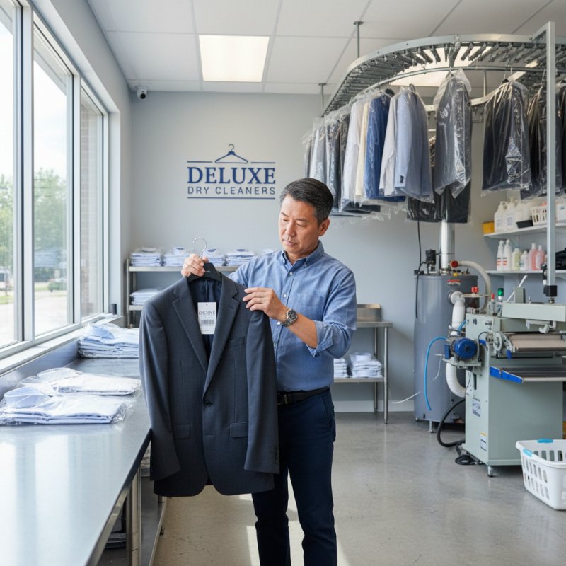 Gérant de pressing examinant un vêtement, illustrant le besoin d'une mutuelle TNS