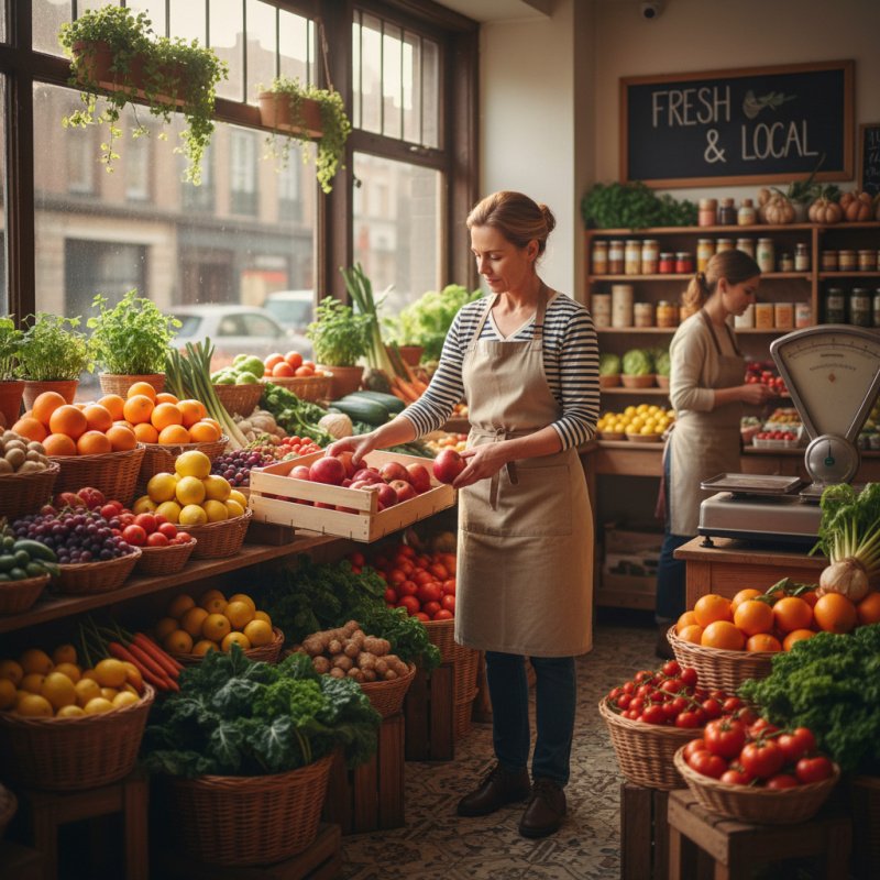 Primeur indépendant organisant son étal de fruits et légumes frais.