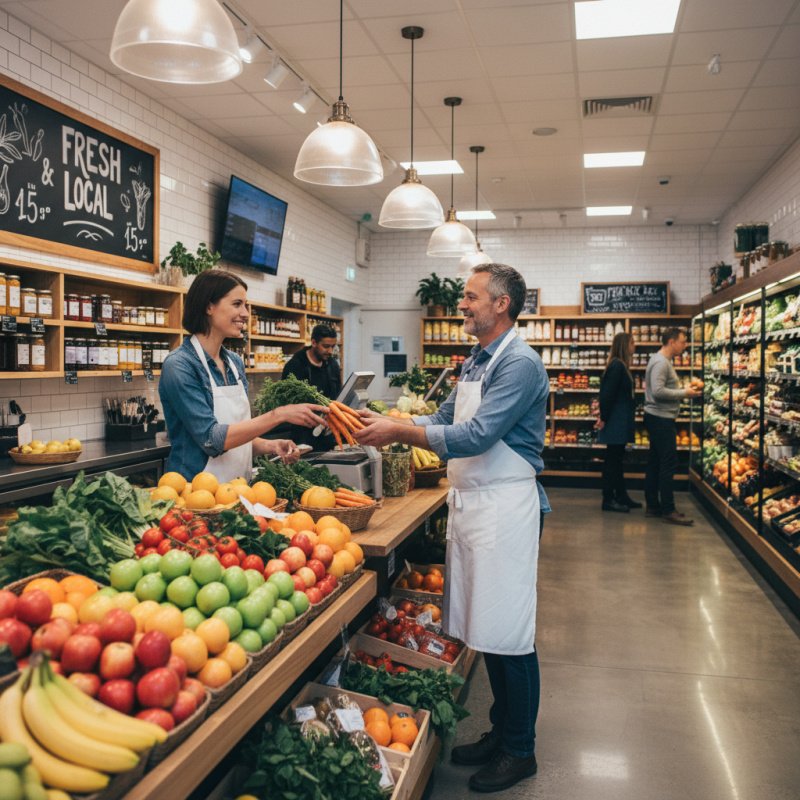 Primeur conseillant un client dans son commerce de fruits et légumes.