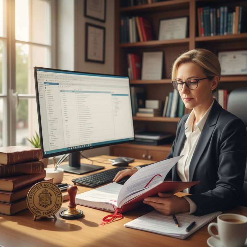 Assurance TNS pour traducteur assermenté examinant un document.