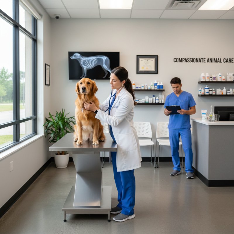 Vétérinaire TNS examinant un animal, couvert par une mutuelle professionnelle.