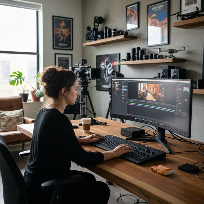 Vidéaste freelance travaillant sur son projet, couvert par une assurance TNS.
