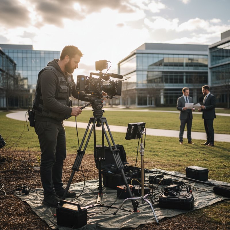 Vidéaste freelance en tournage, protégeant son matériel vidéo professionnel.