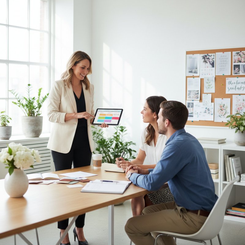Wedding planner présentant une mutuelle TNS sur sa tablette à un couple.
