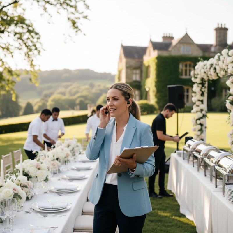 Wedding planner en pleine coordination d'un mariage, illustrant l'importance de l'assurance RC Pro.