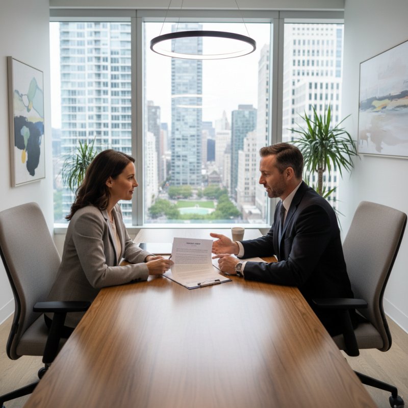 Conseiller expliquant les garanties d'un contrat de prévoyance TNS à un indépendant