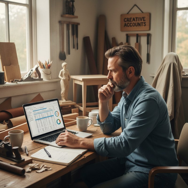 Indépendant préparant sa retraite Madelin sur son ordinateur dans son atelier.