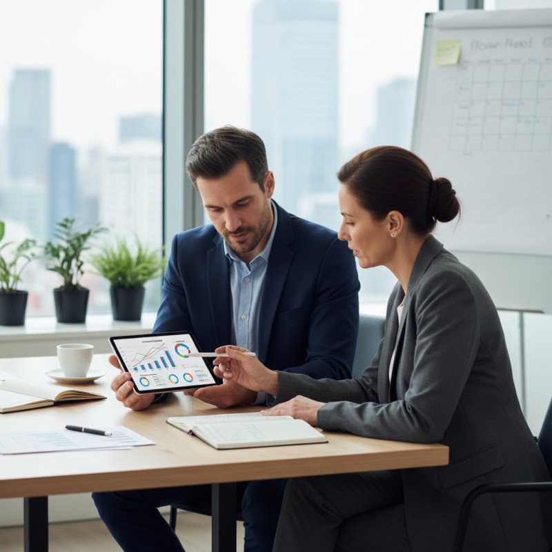 Conseiller financier présentant des options de retraite PER à un consultant indépendant.
